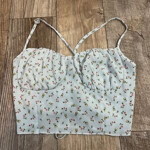 Romwe Floral Lace Up Back Crop Top Light Blue Ruched Bust Summer Cami Small